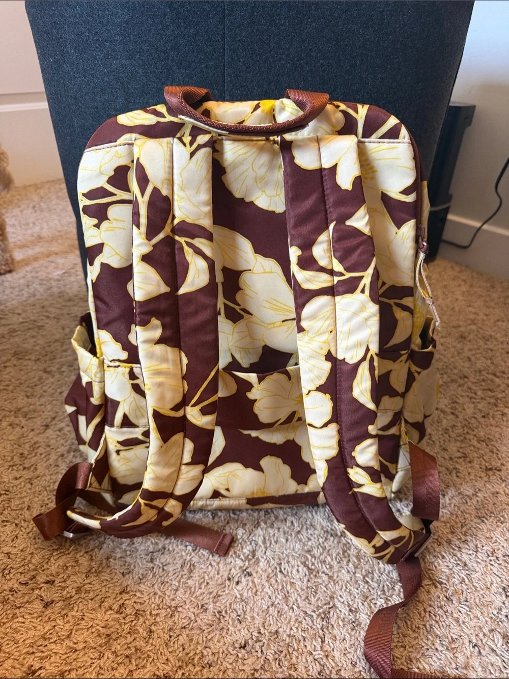 Vera Bradley XL Bancroft Brown Floral Backpack with Cream and Yellow Flowers